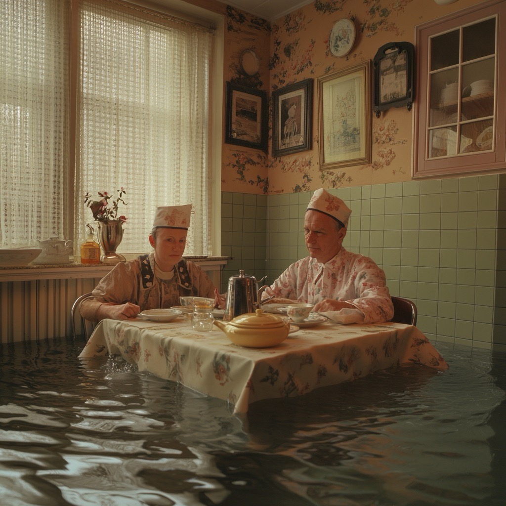 deux personnes ensemble dans un grand aquarium rempli d'eau dans une chambre d'hôtel miteuse où tout est vieux et où ils dînent
