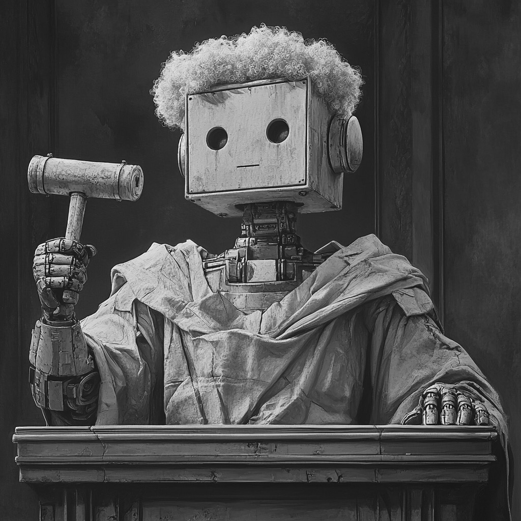 Un robot vintage à visage carré agissant comme un juge de première instance