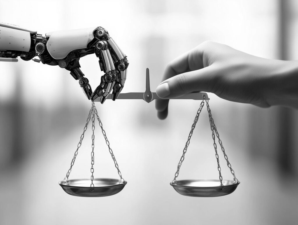 une balance tenue à l'extrémité gauche par une main robotique et à l'extrémité droite par une main humaine