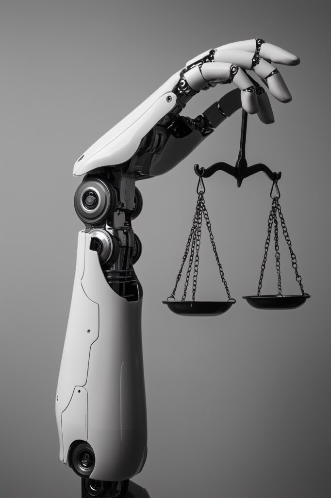 photo de studio futuriste d'un bras robotique blanc tenant une balance de justice