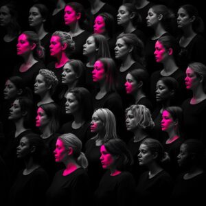 une image en noir et blanc d'un groupe de 30 femmes dans laquelle une femme sur trois est surlignée en rose