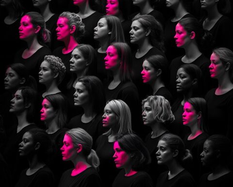 une image en noir et blanc d'un groupe de 30 femmes dans laquelle une femme sur trois est surlignée en rose