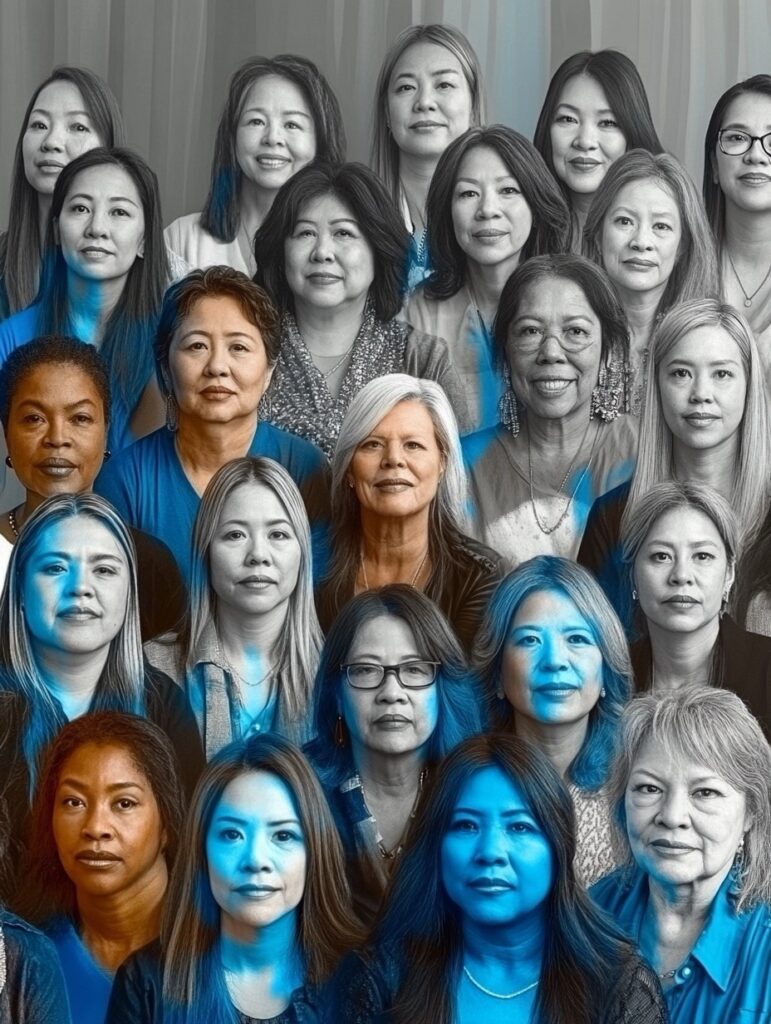 une image en noir et blanc d'un groupe de 30 femmes dans laquelle une femme sur trois est surlignée en bleu