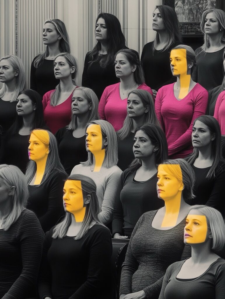 Image en noir et blanc d'un groupe de 30 femmes dont une sur trois est surlignée en jaune.