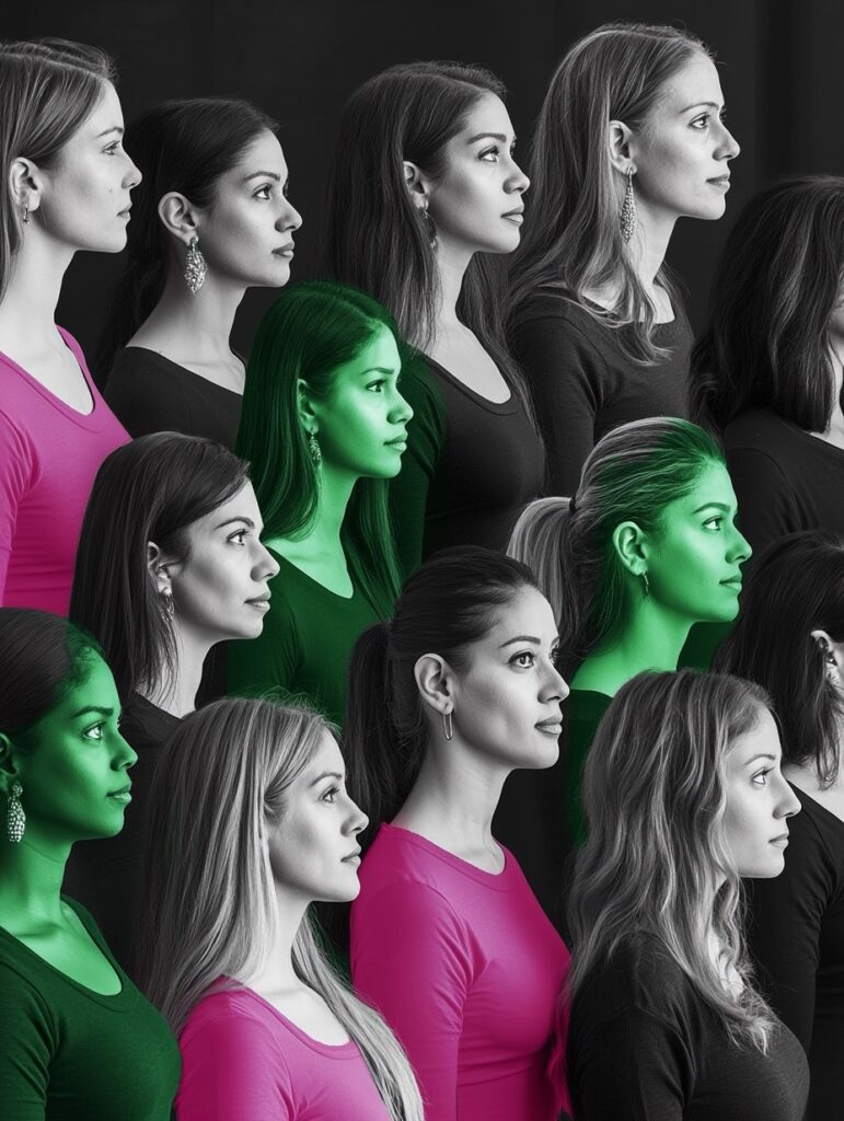 une image en noir et blanc d'un groupe de 30 femmes dont une sur trois est surlignée en vert