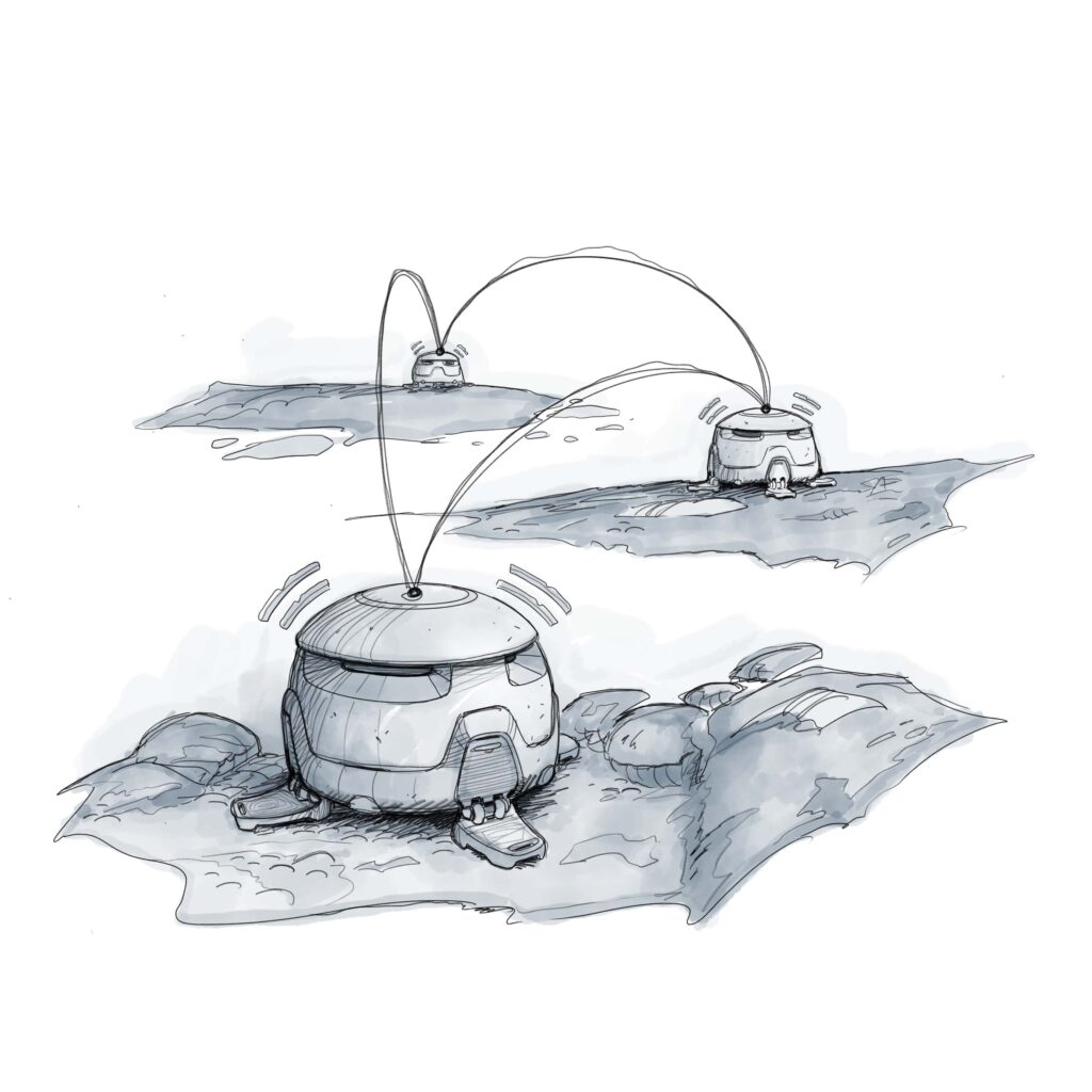Schéma du système de pods de l'AWACS des mers, inspirés des Persistent Aquatic Living Sensors de la DARPA