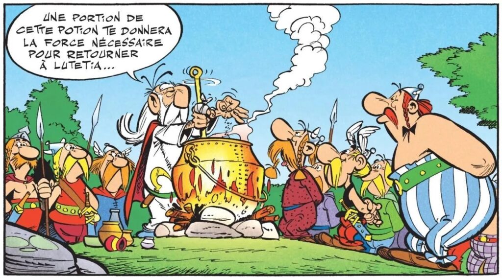 La première image de distribution collective de la potion dans le premier album, « Astérix le Gaulois » (1961).