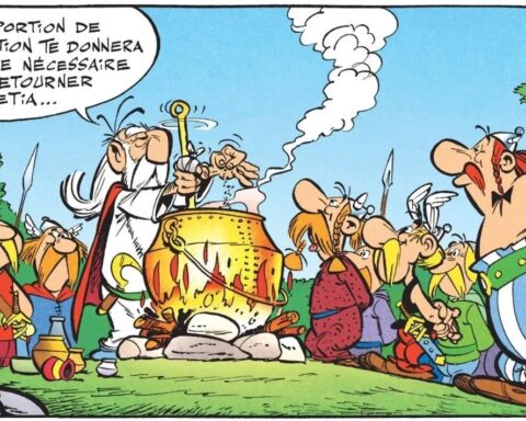 La première image de distribution collective de la potion dans le premier album, « Astérix le Gaulois » (1961).
